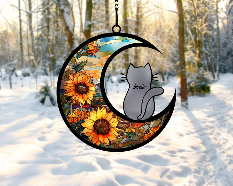 Personalized Cute Cat On Moon Acrylic Windows Hangings, Cat Decoration, Pet Memorial Sympathy Gifts, Gift For Cat Lover