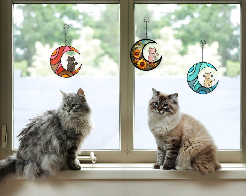 Personalized Cute Cat On Moon Acrylic Windows Hangings, Cat Decoration, Pet Memorial Sympathy Gifts, Gift For Cat Lover