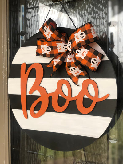 Halloween Door Hanger, Boo Black and White Stripe Orange, Ghost Decor
