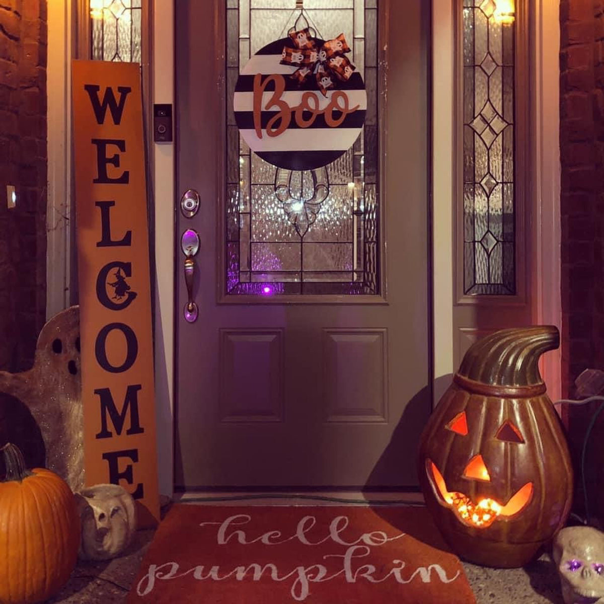 Halloween Door Hanger, Boo Black and White Stripe Orange, Ghost Decor