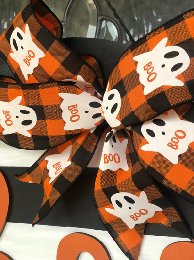 Halloween Door Hanger, Boo Black and White Stripe Orange, Ghost Decor