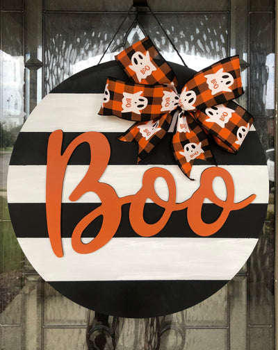 Halloween Door Hanger, Boo Black and White Stripe Orange, Ghost Decor
