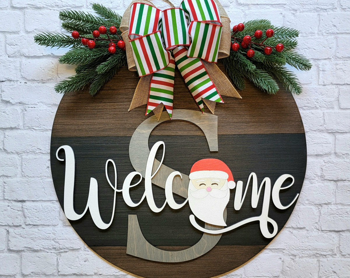 Welcome Santa Christmas Door Hanger - Family Initial Door Sign - Christmas Front Door Decor - Christmas Door Sign - Christmas Wood Wreath