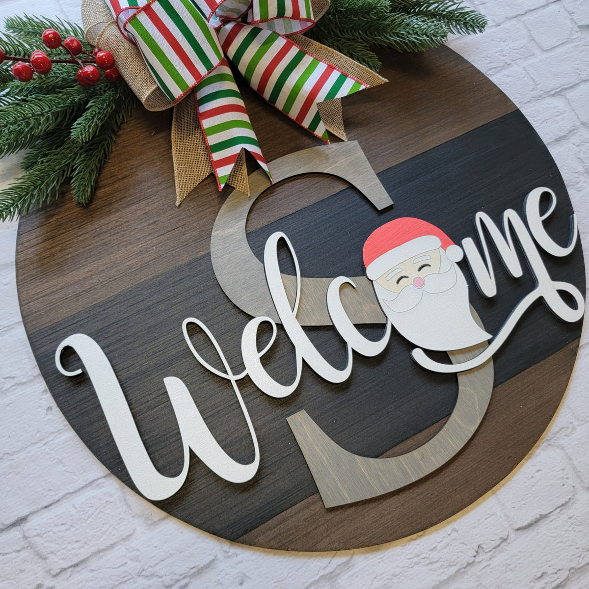Welcome Santa Christmas Door Hanger - Family Initial Door Sign - Christmas Front Door Decor - Christmas Door Sign - Christmas Wood Wreath