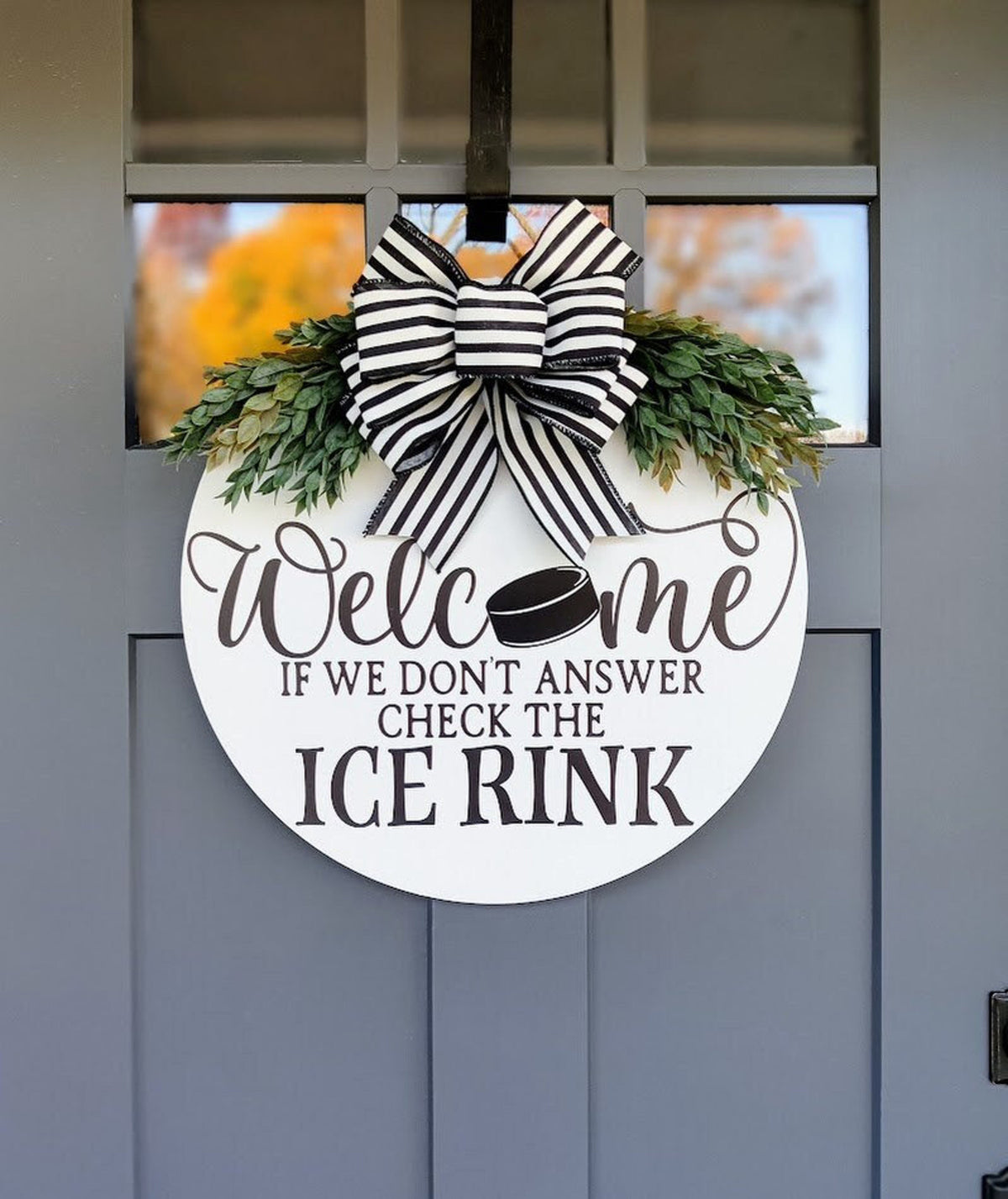 Hockey Front Door Wreath | If We Don't Answer We're At The Rink | Porch Decor | Hockey Puck Welcome Sign | Year Round Wreath | Door Hanger