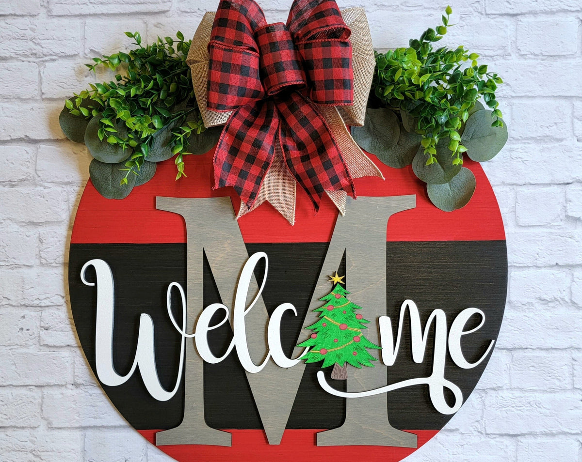 Welcome Christmas Door Hanger - Family Initial Door Sign  - Christmas Front Door Decor - Christmas Tree Door Sign - Christmas Wood Wreath