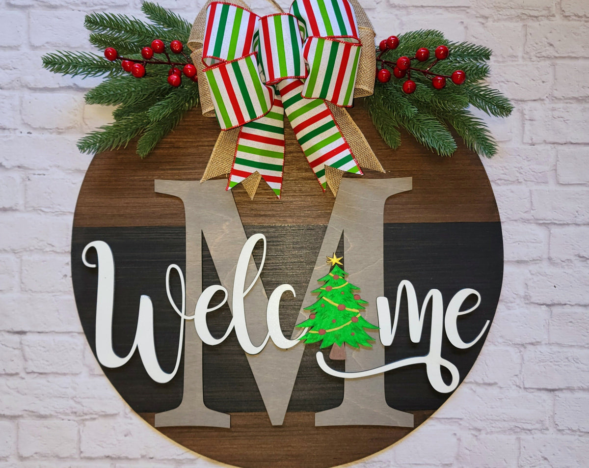 Welcome Christmas Door Hanger - Family Initial Door Sign  - Christmas Front Door Decor - Christmas Tree Door Sign - Christmas Wood Wreath
