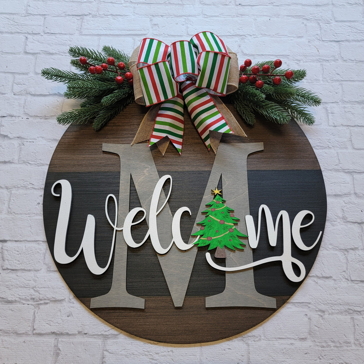 Welcome Christmas Door Hanger - Family Initial Door Sign  - Christmas Front Door Decor - Christmas Tree Door Sign - Christmas Wood Wreath