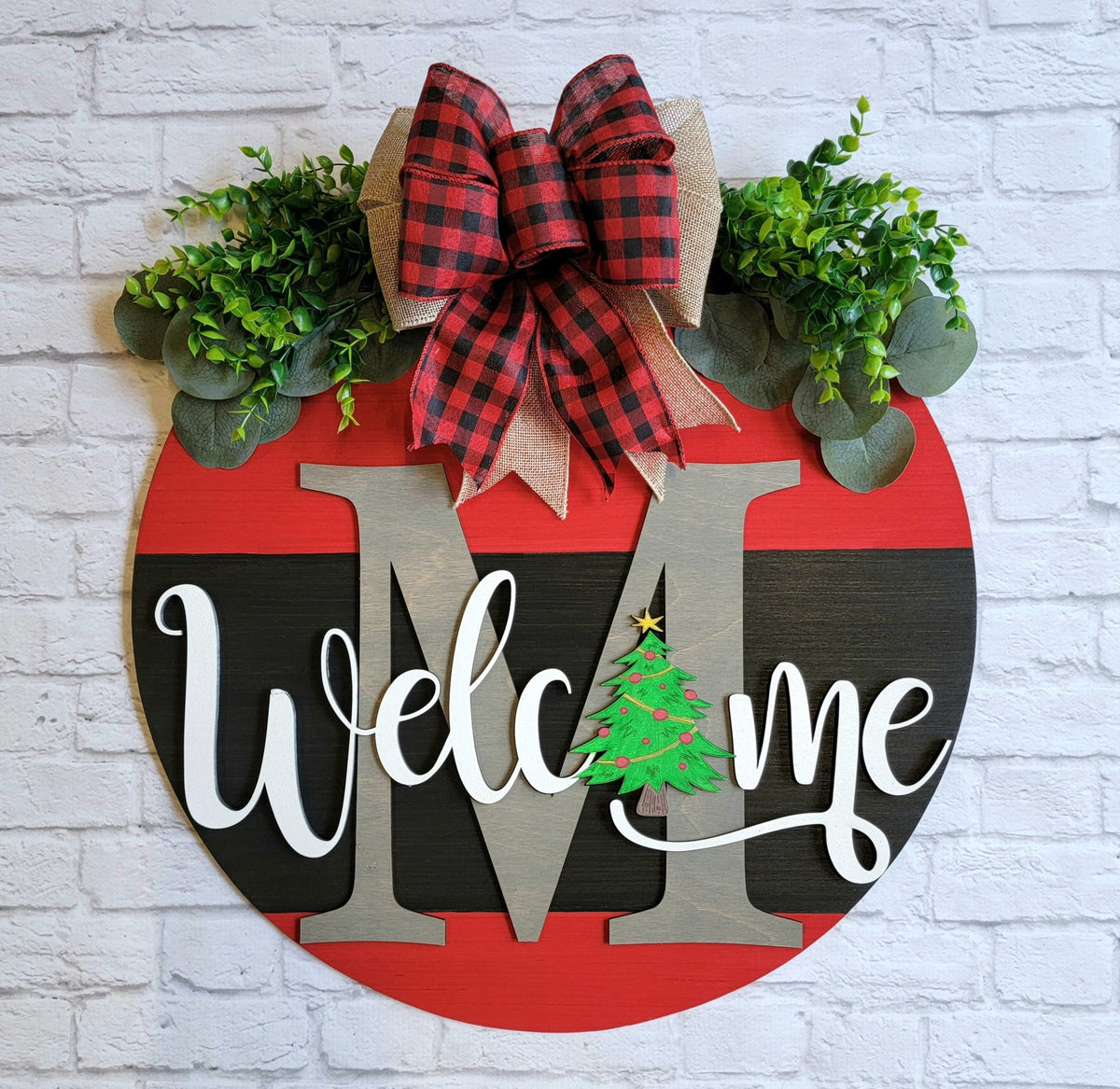 Welcome Christmas Door Hanger - Family Initial Door Sign  - Christmas Front Door Decor - Christmas Tree Door Sign - Christmas Wood Wreath