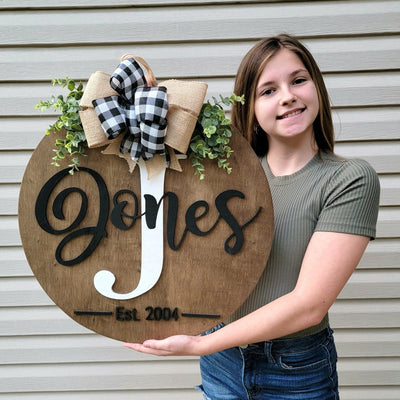 Large Front Door Decor - Wood Raised Letters - Family Last Name and Initial Door Hanger - Custom Door Hanger - Year Round Wood Wreath