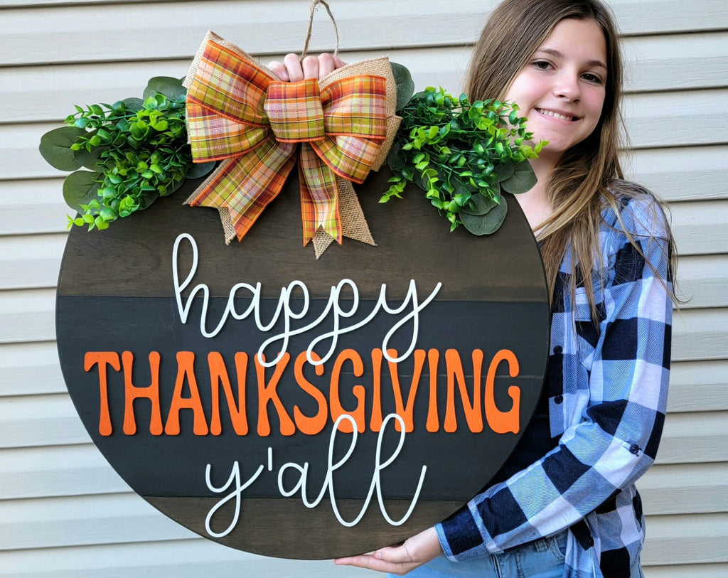 Thanksgiving Door Hanger - Happy Thanksgiving Door Sign - Wood Raised Letters - Fall Front Door Decor - Fall Wreath