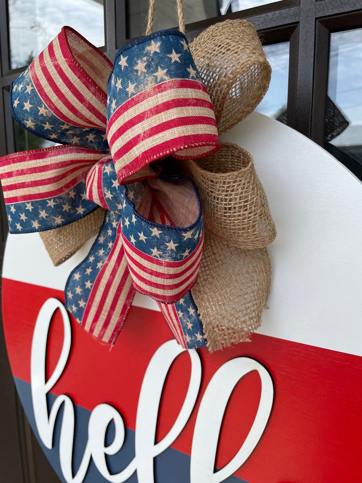 Patriotic Hello Wooden Sign, patriotic hello, 3D letters, Memorial day sign, Summer Welcome Sign, Round Welcome Sign, Welcome Door Hanger