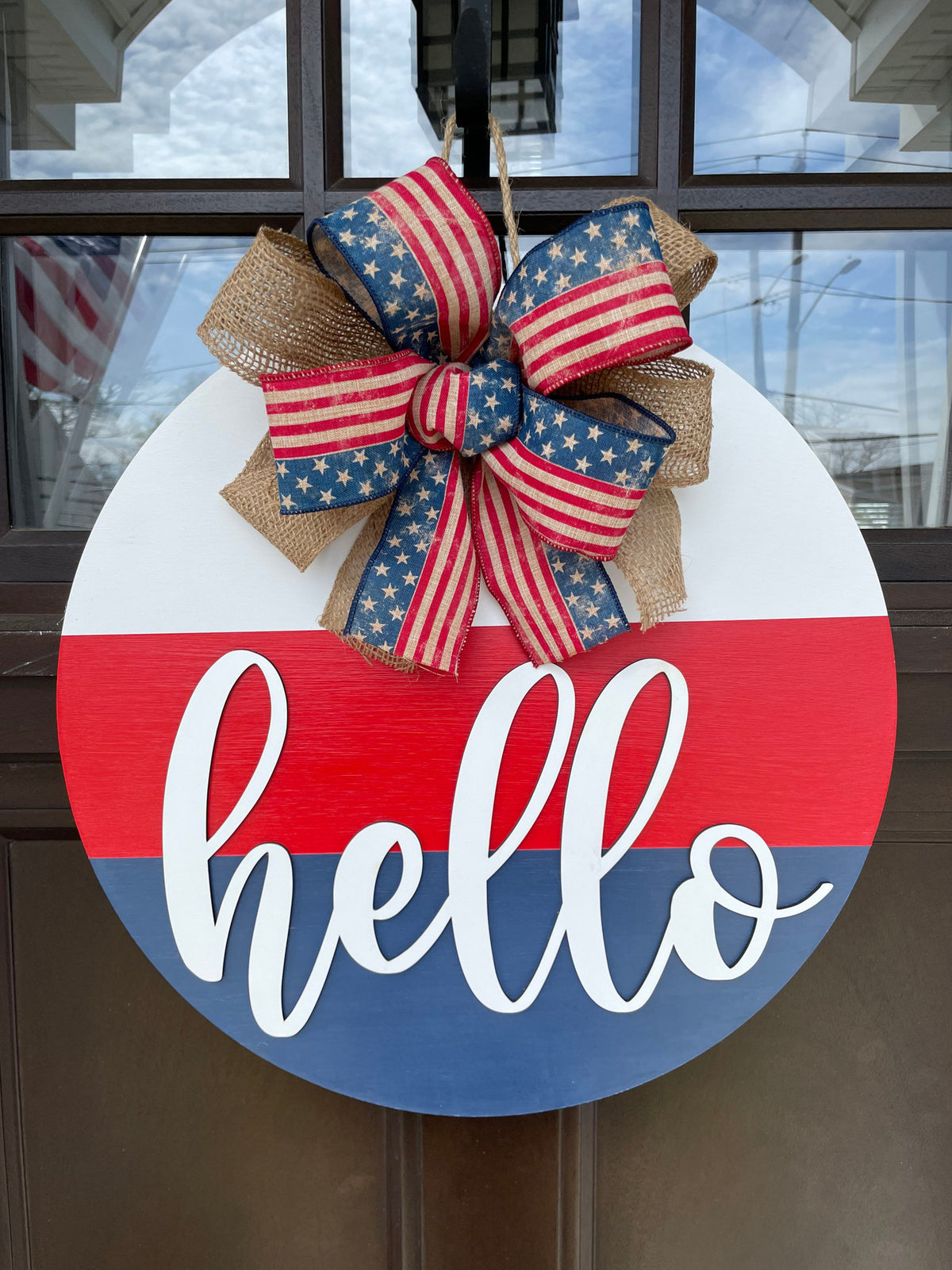 Patriotic Hello Wooden Sign, patriotic hello, 3D letters, Memorial day sign, Summer Welcome Sign, Round Welcome Sign, Welcome Door Hanger