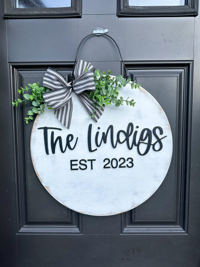 Front Door Decor Personalized Front Door Hanger Custom Name Wood Sign Door Wreath Neutral Welcome Door Sign with Family Name Wedding Gift