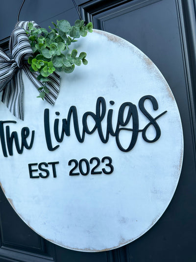 Front Door Decor Personalized Front Door Hanger Custom Name Wood Sign Door Wreath Neutral Welcome Door Sign with Family Name Wedding Gift