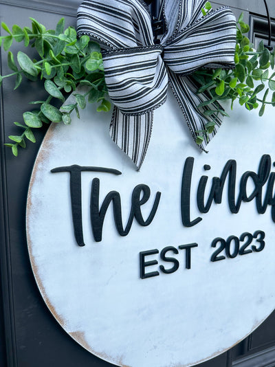 Front Door Decor Personalized Front Door Hanger Custom Name Wood Sign Door Wreath Neutral Welcome Door Sign with Family Name Wedding Gift