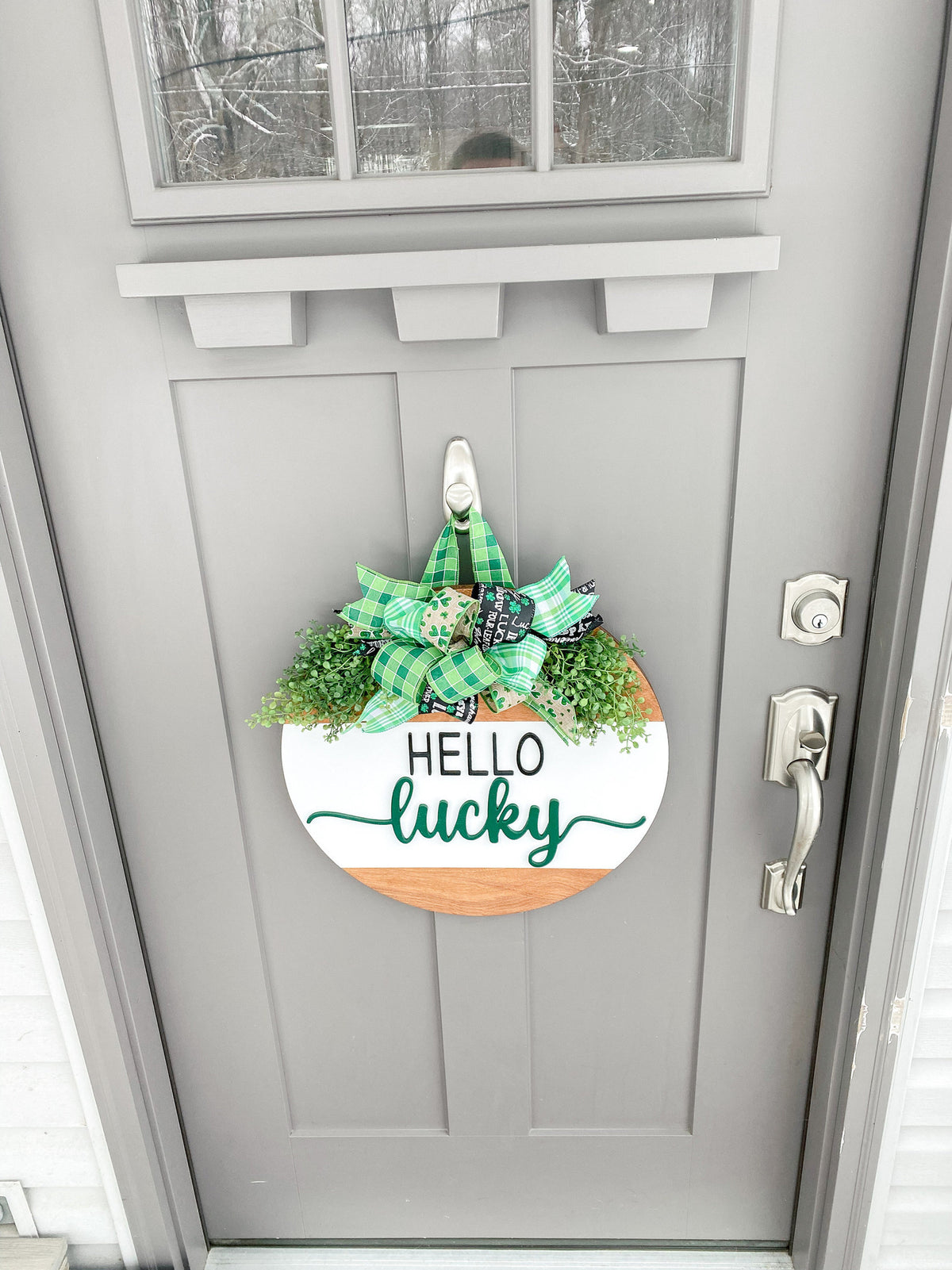Hello Lucky, St. Patrick's Day, decoration, Farmhouse, Door Hanger, Wooden Wreath, 3D, Front Door, Home Decor, Round Wood Sign, Circle