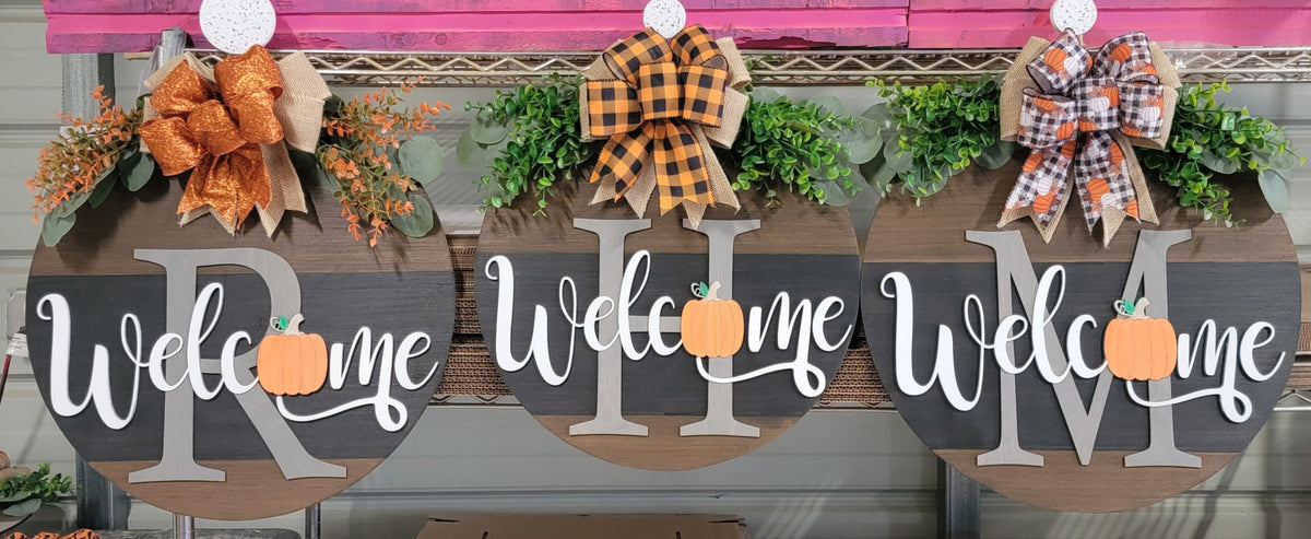 Welcome Fall Door Hanger - Family Initial Door Sign - Wood Raised Letters - Fall Front Door Decor - Fall Pumpkin Door Sign - Fall Wreath