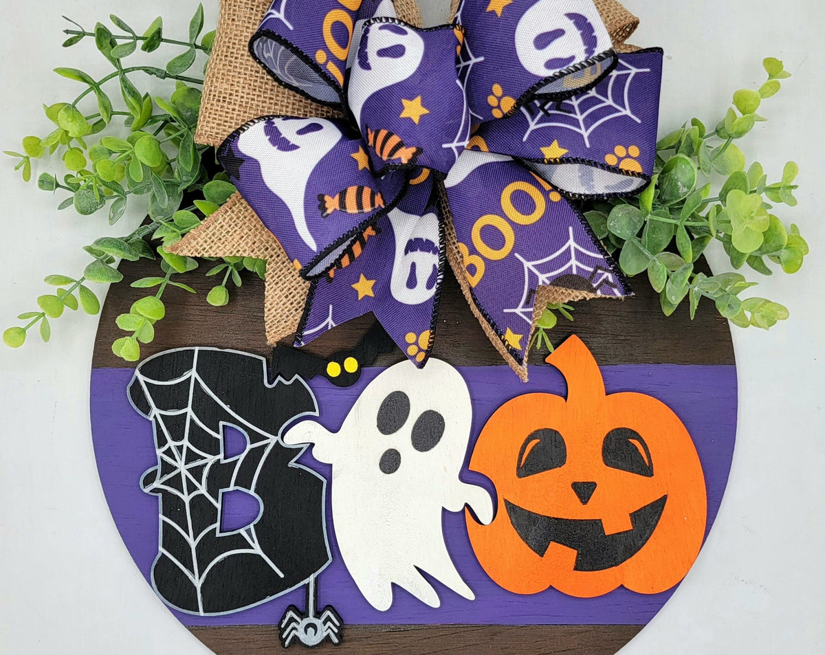 Welcome Boo Door Hanger - Halloween Door Sign - Halloween Front Door Decor - Ghost and Jack O Lantern Door Sign - Halloween Wreath