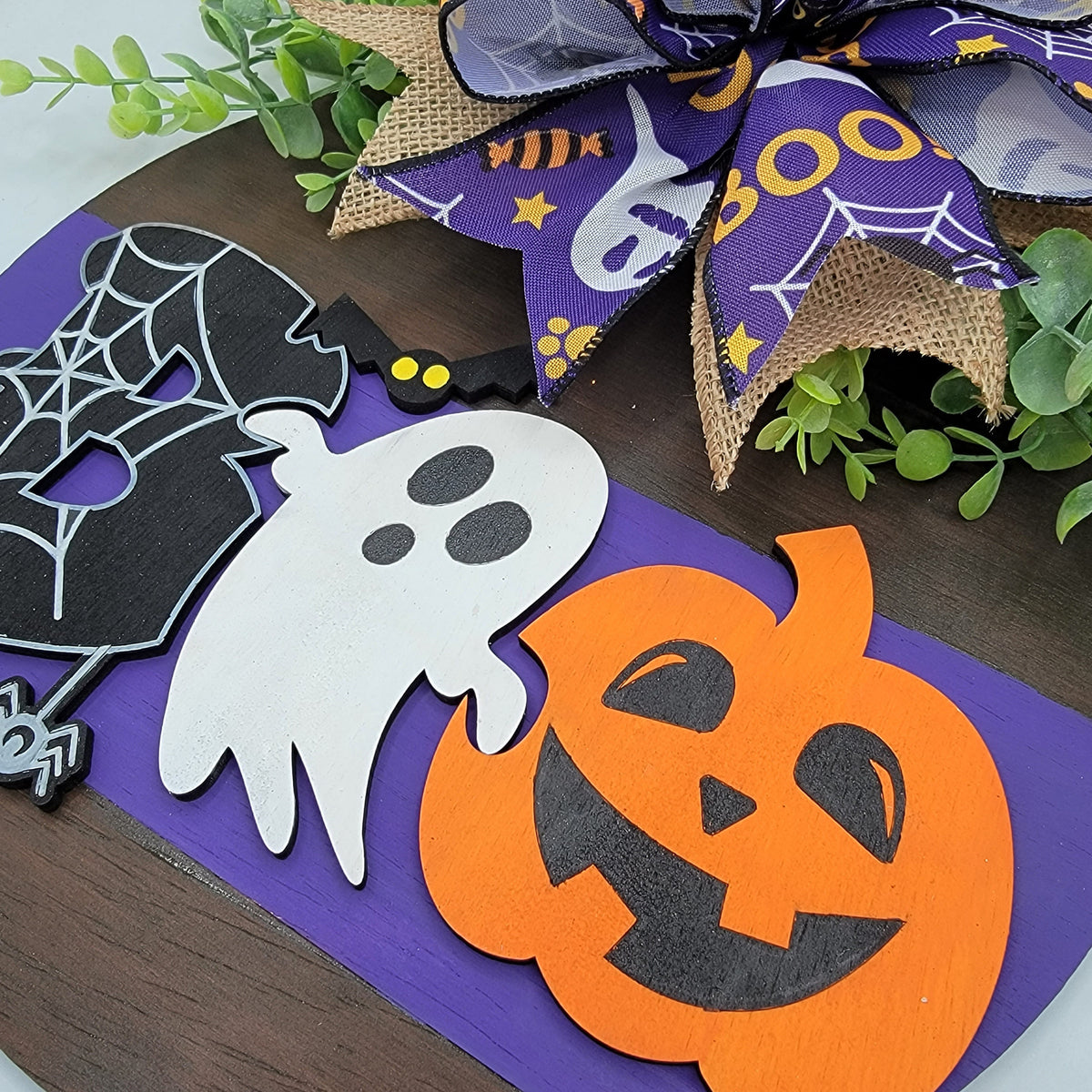 Welcome Boo Door Hanger - Halloween Door Sign - Halloween Front Door Decor - Ghost and Jack O Lantern Door Sign - Halloween Wreath
