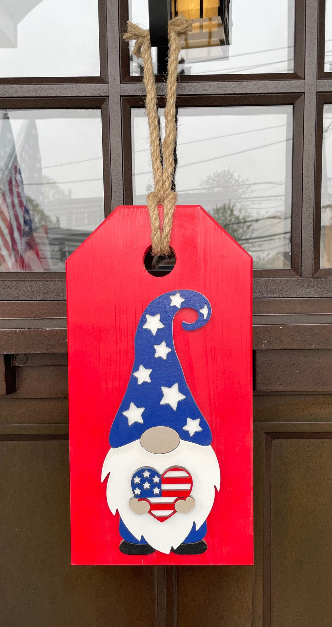Wood Door Tag, gnome decor, Memorial Day Door Tag,  Fourth of July Front Door Decor, Patriotic Wreath, America Decor