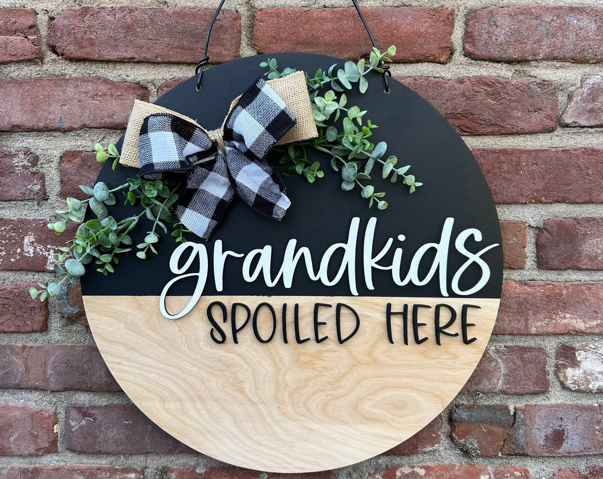 Grandkids Spoiled Here Front Door Hanger with Bow | Grandparents Wood Door Wreath with Greenery | 18��� Neutral Welcome Door Decor for Mom