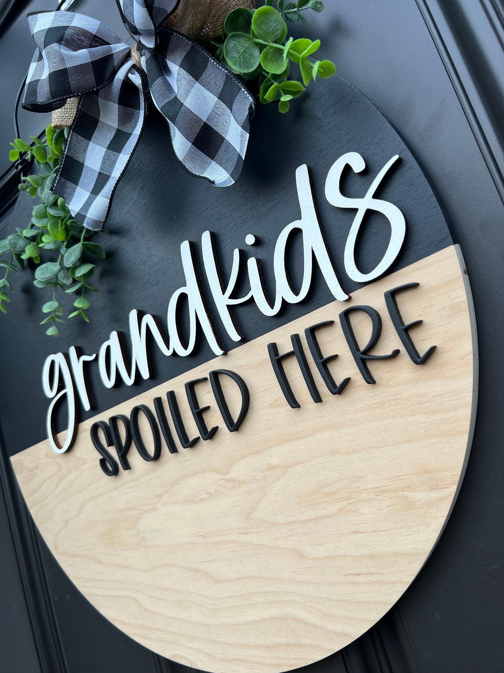 Grandkids Spoiled Here Front Door Hanger with Bow | Grandparents Wood Door Wreath with Greenery | 18��� Neutral Welcome Door Decor for Mom