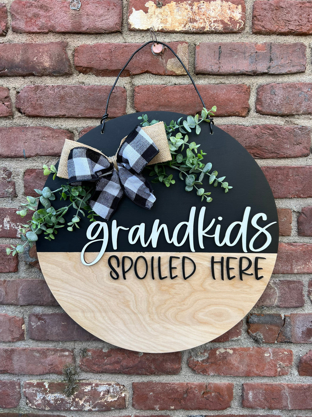 Grandkids Spoiled Here Front Door Hanger with Bow | Grandparents Wood Door Wreath with Greenery | 18��� Neutral Welcome Door Decor for Mom