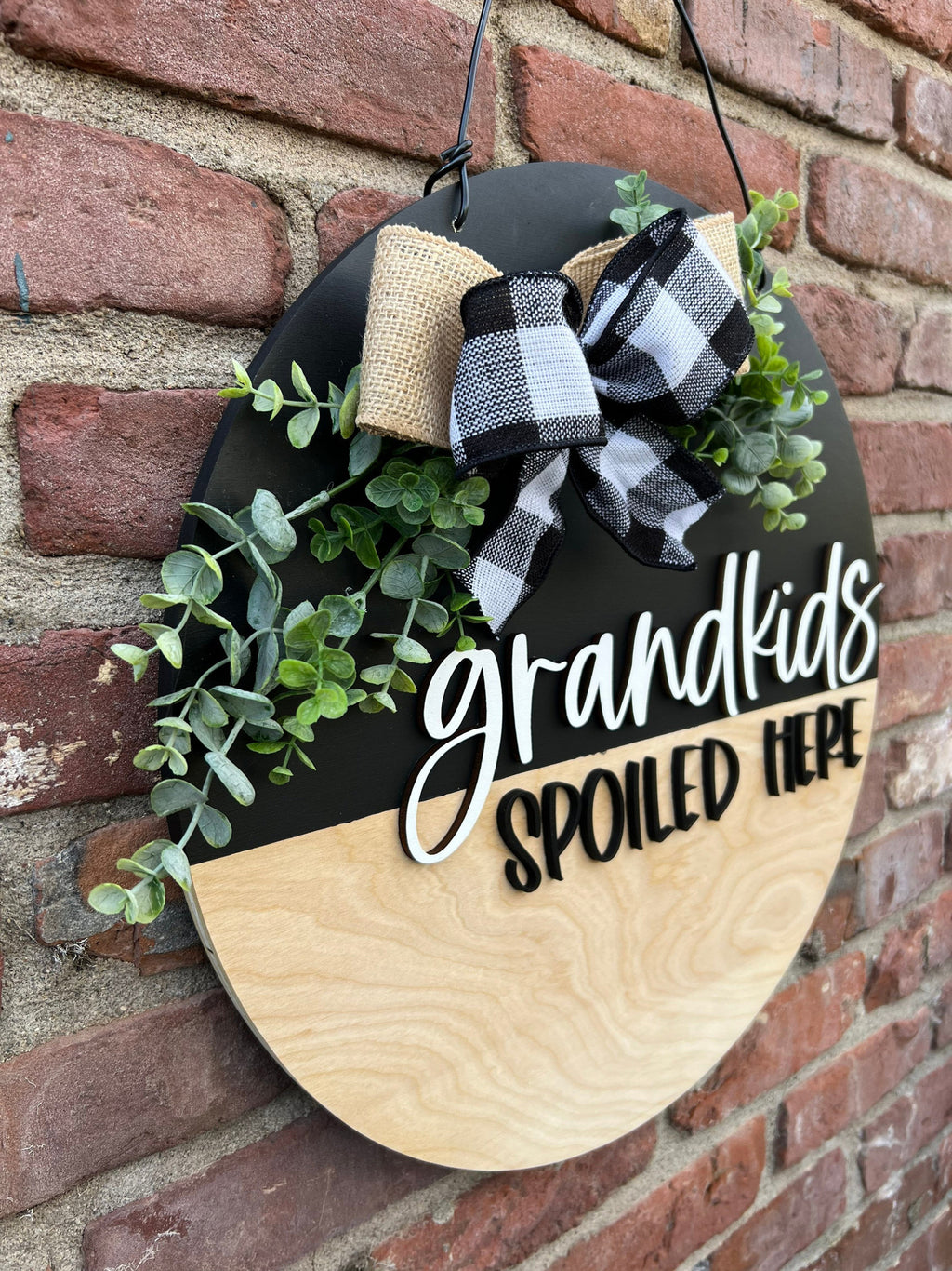 Grandkids Spoiled Here Front Door Hanger with Bow | Grandparents Wood Door Wreath with Greenery | 18��� Neutral Welcome Door Decor for Mom