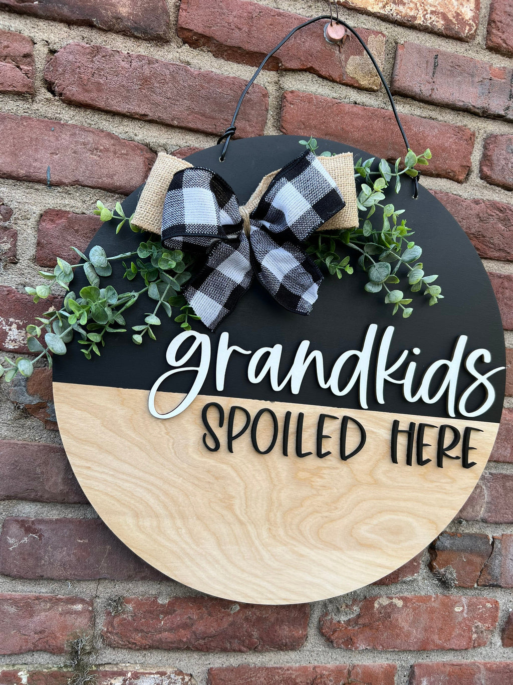 Grandkids Spoiled Here Front Door Hanger with Bow | Grandparents Wood Door Wreath with Greenery | 18��� Neutral Welcome Door Decor for Mom
