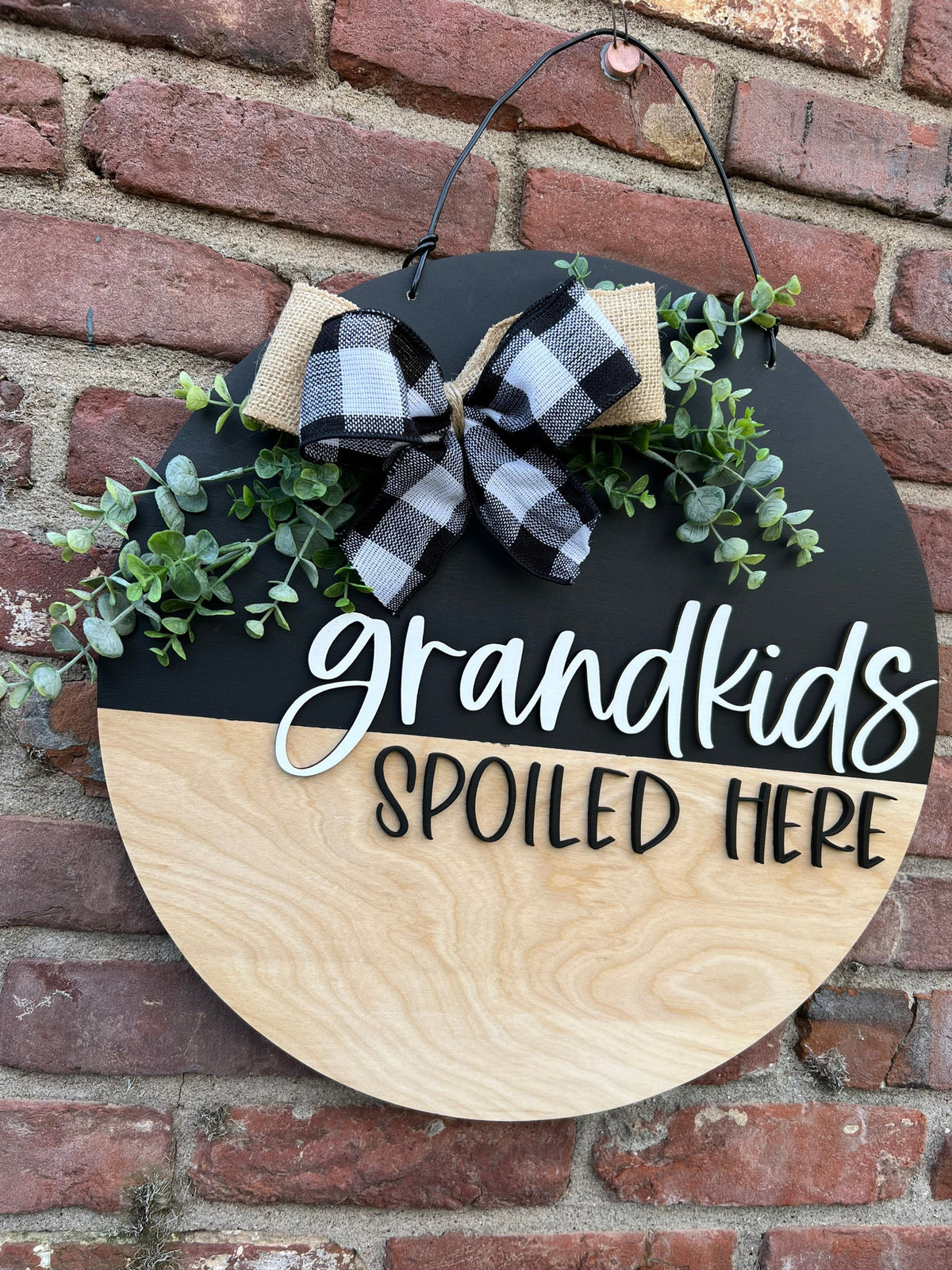 Grandkids Spoiled Here Front Door Hanger with Bow | Grandparents Wood Door Wreath with Greenery | 18��� Neutral Welcome Door Decor for Mom