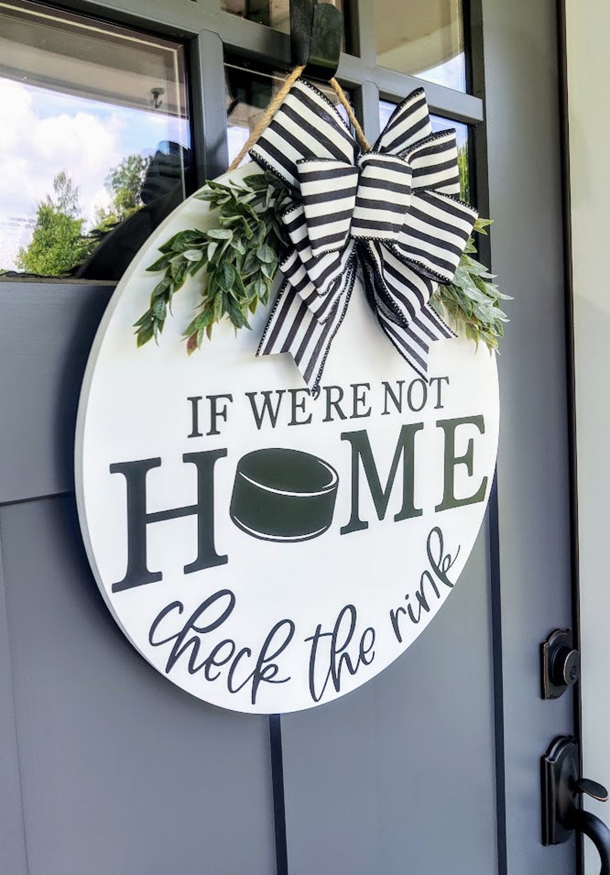 Hockey Front Door Wreath | If We Don't Answer We're At The Rink | Porch Decor | Hockey Puck Welcome Sign | Year Round Wreath | Door Hanger