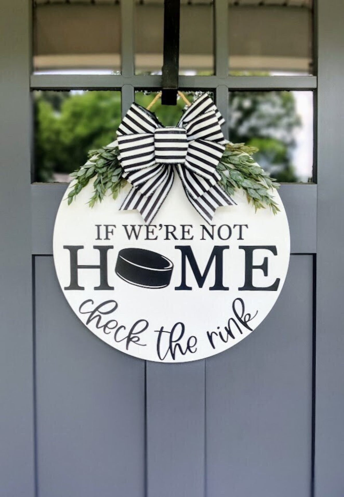 Hockey Front Door Wreath | If We Don't Answer We're At The Rink | Porch Decor | Hockey Puck Welcome Sign | Year Round Wreath | Door Hanger