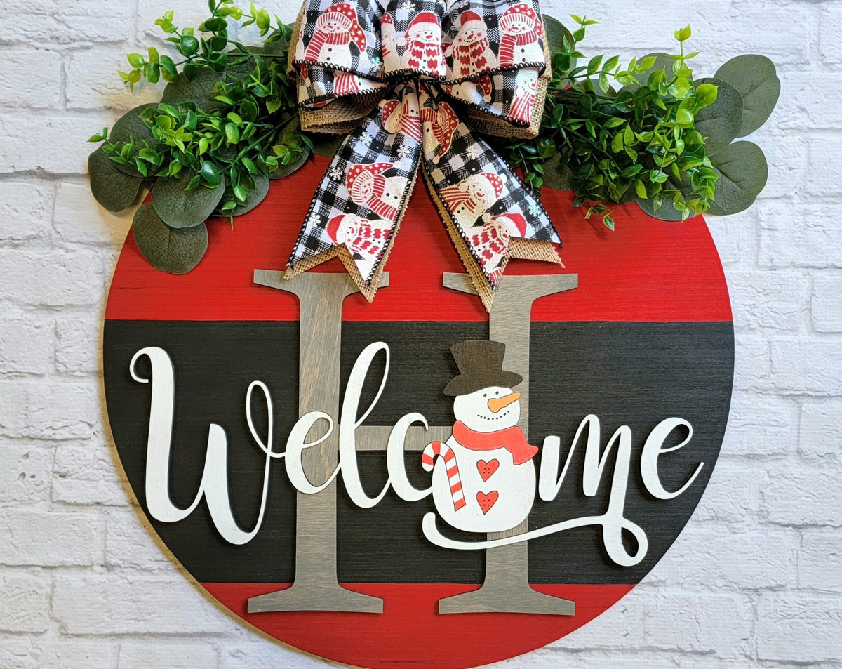 Welcome Christmas Door Hanger - Family Initial Door Sign  - Christmas Snowman Front Door Decor - Christmas Door Sign - Christmas Wood Wreath