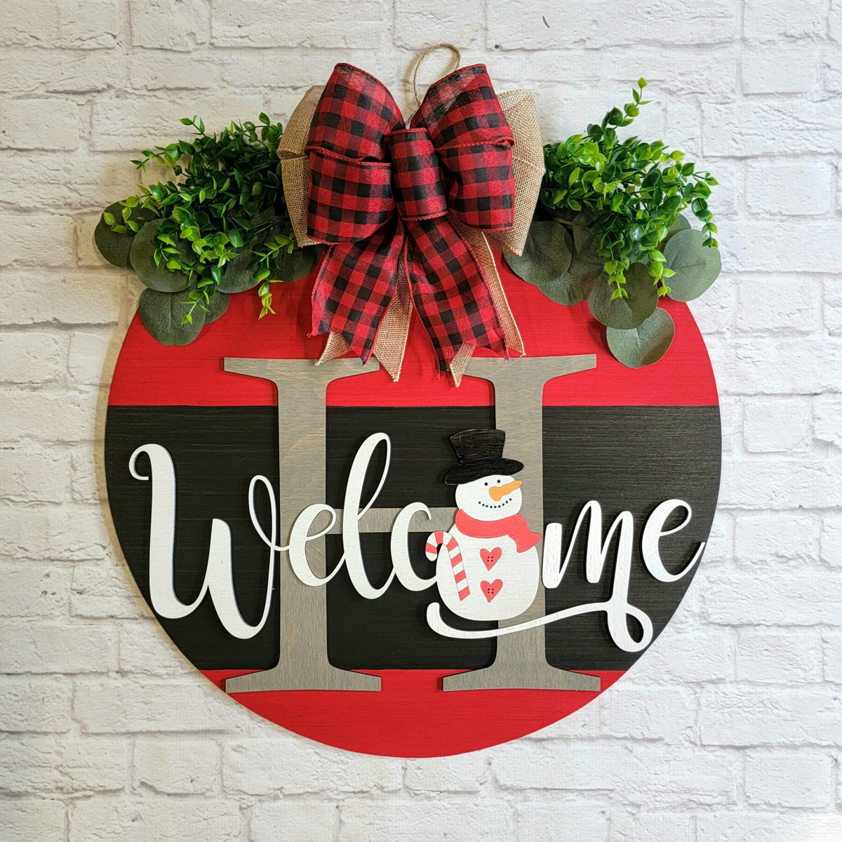 Welcome Christmas Door Hanger - Family Initial Door Sign  - Christmas Snowman Front Door Decor - Christmas Door Sign - Christmas Wood Wreath