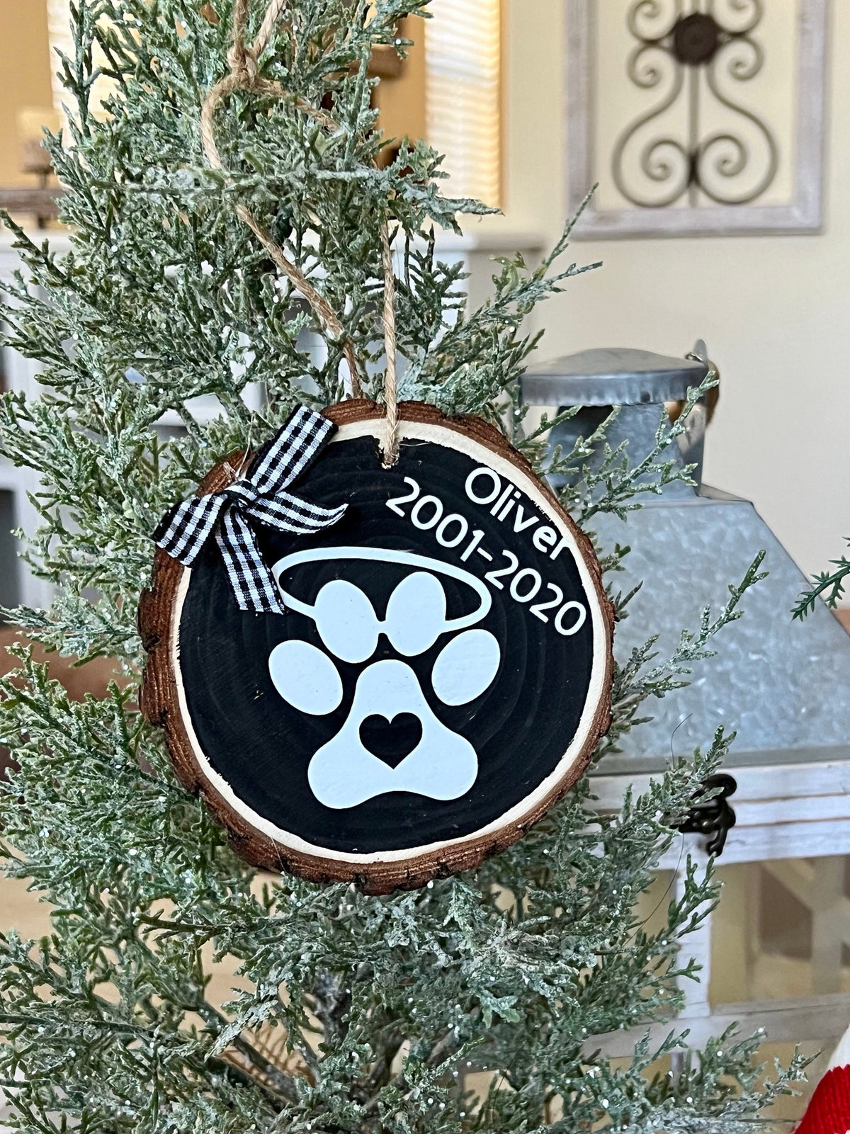 Animal Remembrance Wood Slice Ornament, Personalized Dog Paw Ornament, Custom Painted Wood Slice Ornament, Memorial For Dog