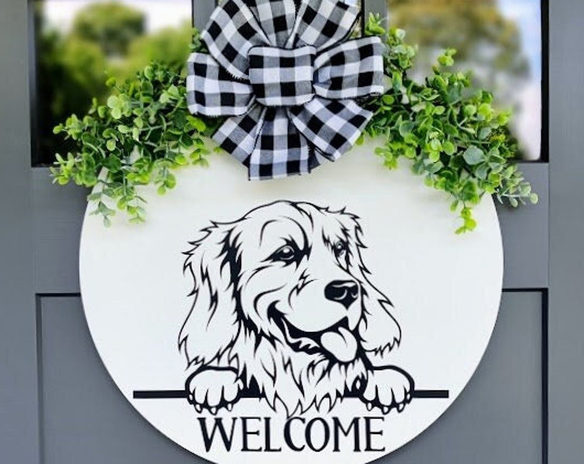 Golden Retriever Welcome Sign | Dog Welcome Wreath | Door Wreath | Front Door Decor | Door Hanger | Home Decor | Housewarming Gift