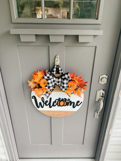 Pumpkin, Buffalo Check, Fall Door Hanger, Fall Wooden Wreath, 3D, Front Door, Housewarming Gift, Home Decor, Round Wood Sign, Circle