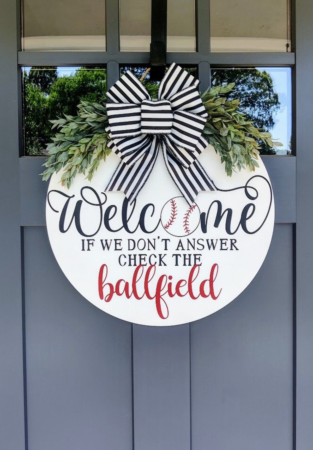 Baseball Front Door Wreath | If We Don't Answer We're At The Ballfield | Porch Decor | Baseball Welcome Sign | Spring Wreath | Door Hanger