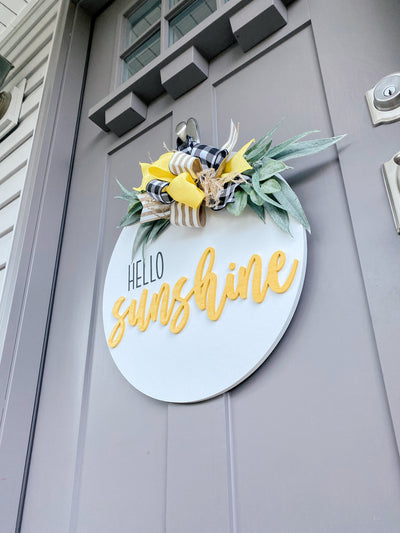 Front Door Decor |  Hello Sunshine Door Hanger | Round Wood Sign | Front Door Wreath | Wood Door Hanger | 3D Lettering | Housewarming Gift
