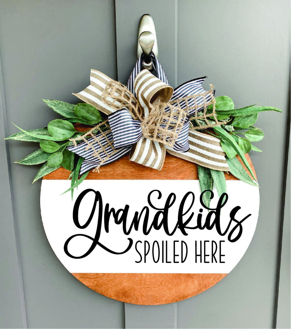 Front Door Decor | Grandkids Spoiled Here | Round Wood Sign | Front Door Wreath | Wood Door Hanger | Farmhouse | 3D Lettering | Housewarming