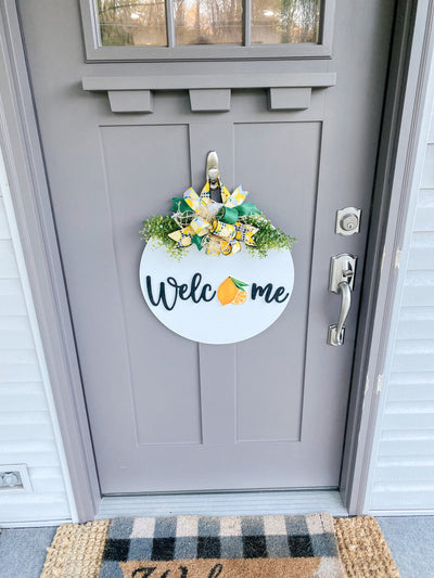 Front Door Decor | Lemon Welcome Door Hanger | Round Wood Sign | Front Door Wreath | Wood Door Hanger | 3D Lettering | Housewarming Gift