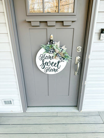 Front Door Decor | Home Sweet Home | Round Wood Sign | Front Door Wreath | Wood Door Hanger | Farmhouse | 3D Lettering | Housewarming Gift