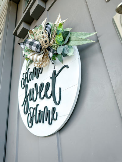 Front Door Decor | Home Sweet Home | Round Wood Sign | Front Door Wreath | Wood Door Hanger | Farmhouse | 3D Lettering | Housewarming Gift