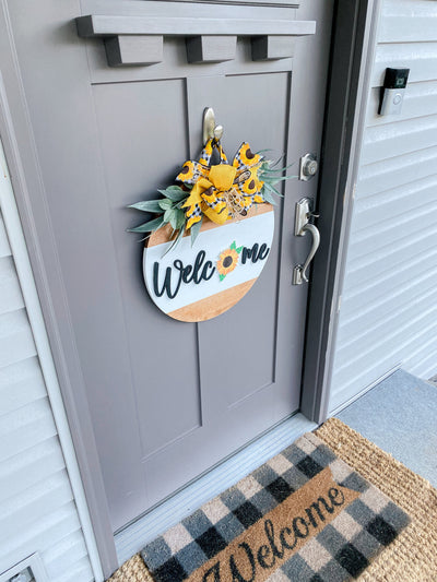 Front Door Decor | Sunflower Welcome Door Hanger | Round Wood Sign | Front Door Wreath | Wood Door Hanger | 3D Lettering | Housewarming Gift
