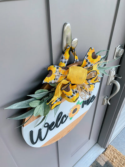 Front Door Decor | Sunflower Welcome Door Hanger | Round Wood Sign | Front Door Wreath | Wood Door Hanger | 3D Lettering | Housewarming Gift
