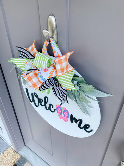 Front Door Decor | Flip flop Welcome Door Hanger | Round Wood Sign | Front Door Wreath | Wood Door Hanger | 3D Lettering | Housewarming
