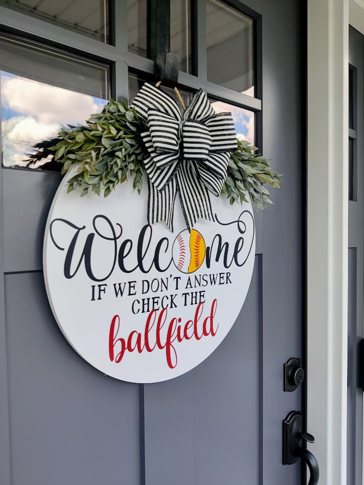 Baseball & Softball Front Door Wreath | If We Don't Answer We're At The Ballfield | Porch Decor | Baseball Welcome Sign | Softball Welcome