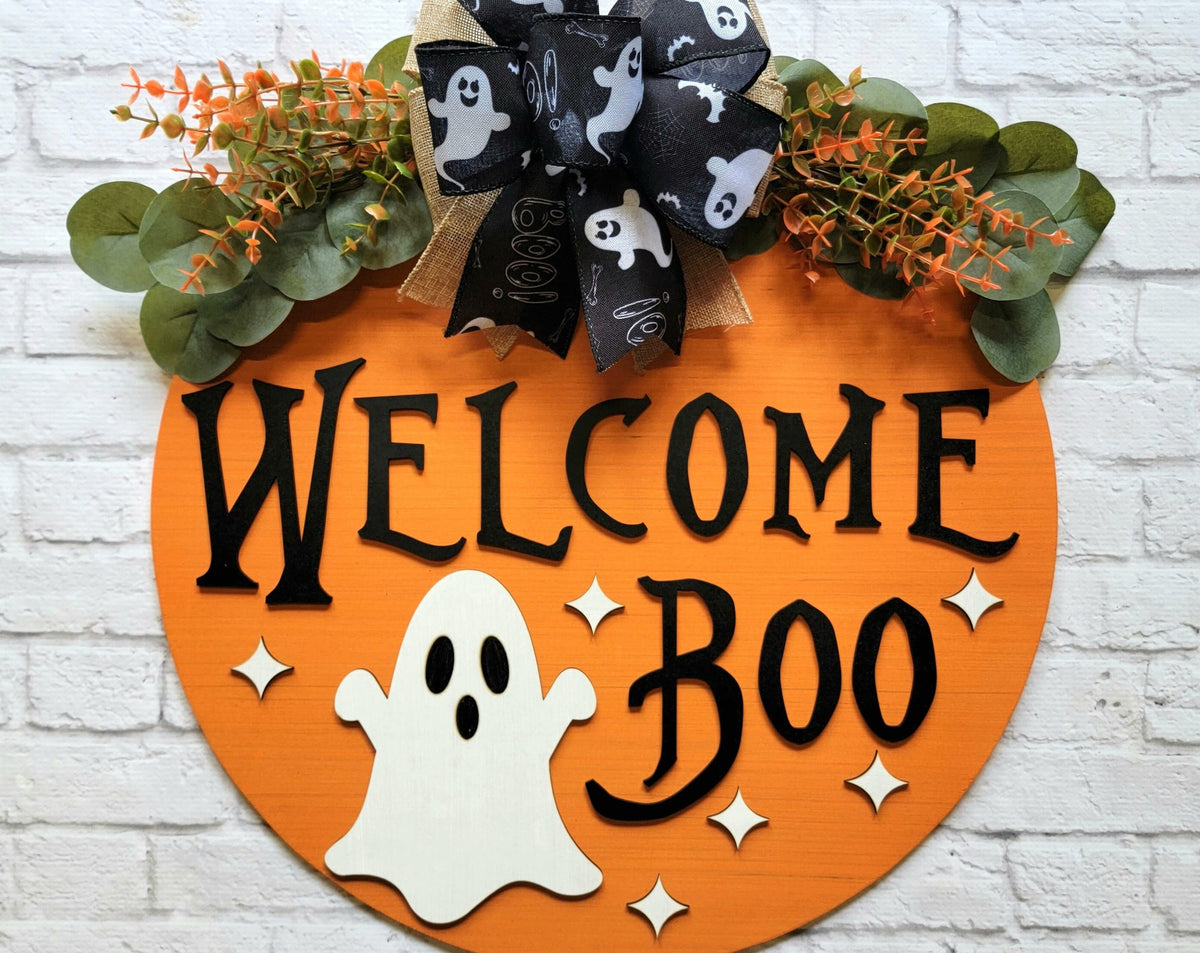 Welcome Boo Door Hanger - Halloween Door Sign - Halloween Front Door Decor - Ghost Door Sign - Halloween Wreath