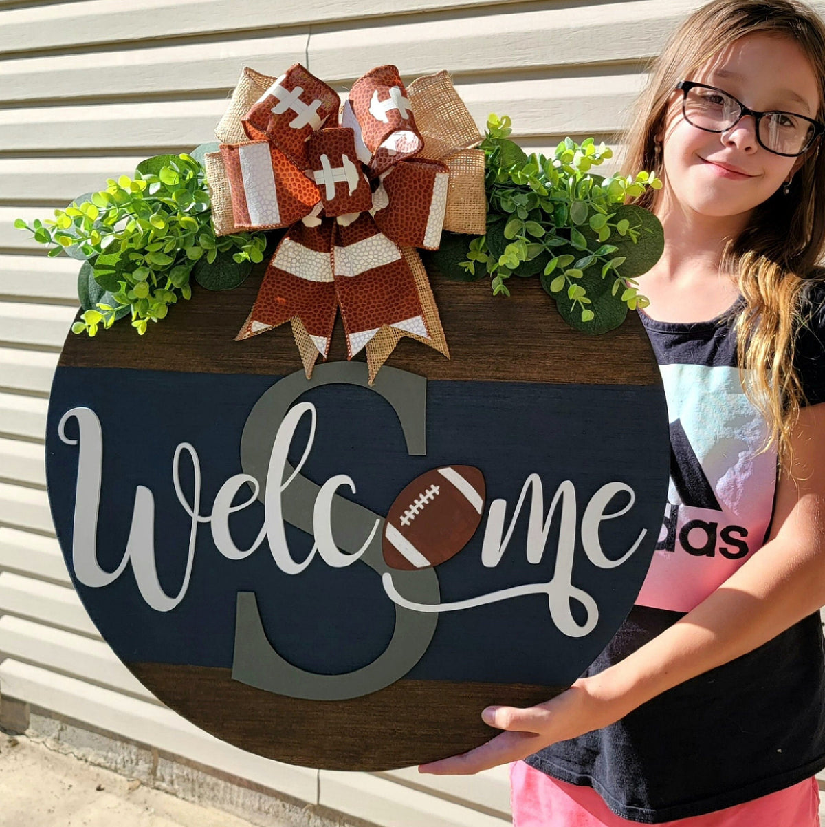 Welcome Football Door Hanger - Family Initial Door Sign - Football Front Door Decor - Football Door Sign - Football Wreath